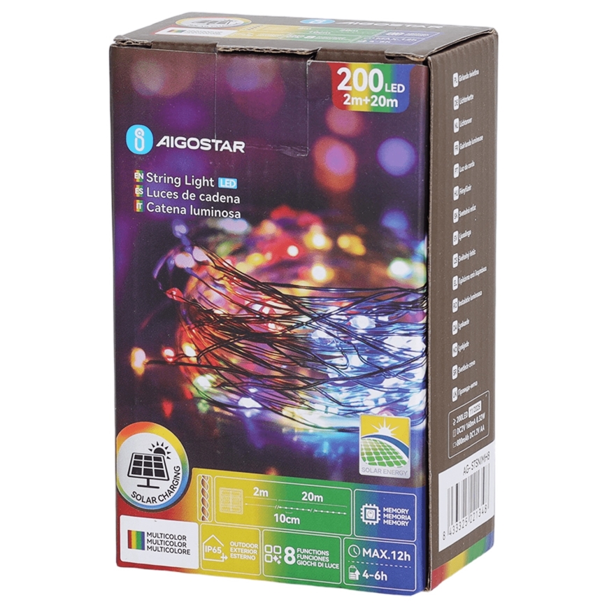 Aigostar - Catena solare a LED 200 LED/8 funzioni 22 m IP65 multicolore 800 mAh