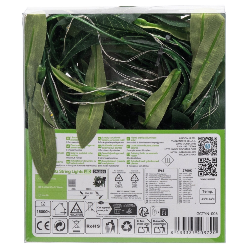 Aigostar - Catena solare LED 100xLED/12m IP65 300 mAh bianco caldo oliva