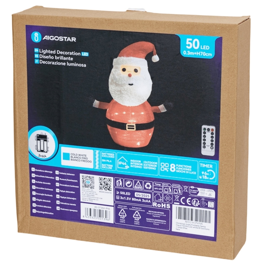 Aigostar - Décoration lumineuse de Noël extérieure LED 50xLED/3xAA 0,7m IP44 blanc froid Santa Claus