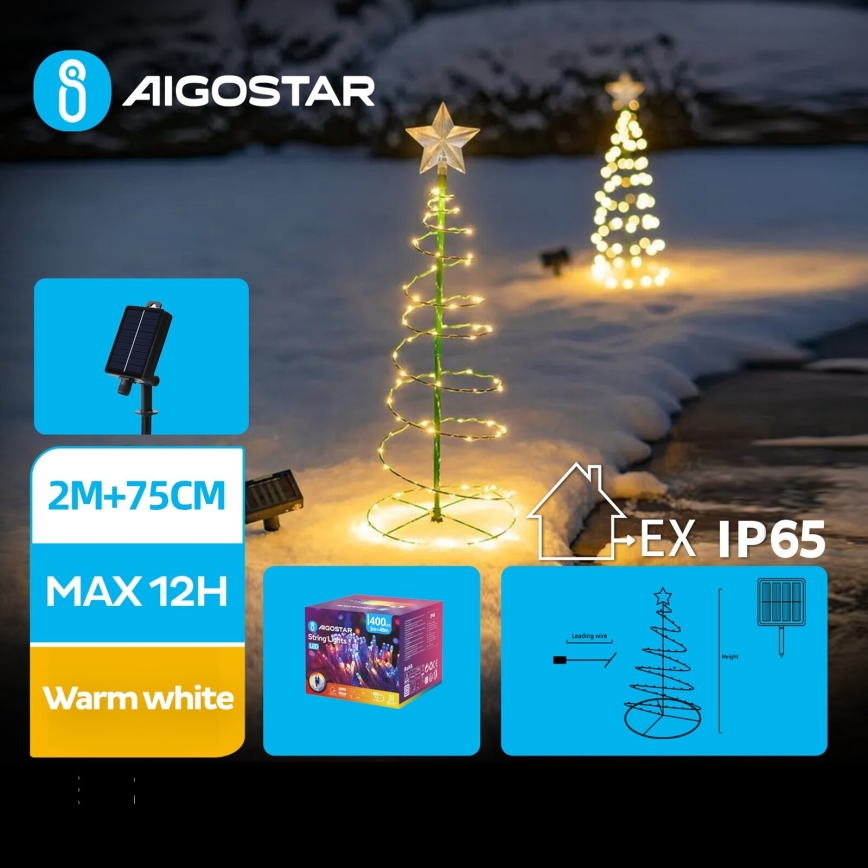 Aigostar - Décoration solaire de Noël LED/0,26W/3,7V 75cm IP65 blanc chaud