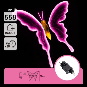 Aigostar - Decorazione LED da esterno 558xLED 90 cm IP44 farfalla/rosa