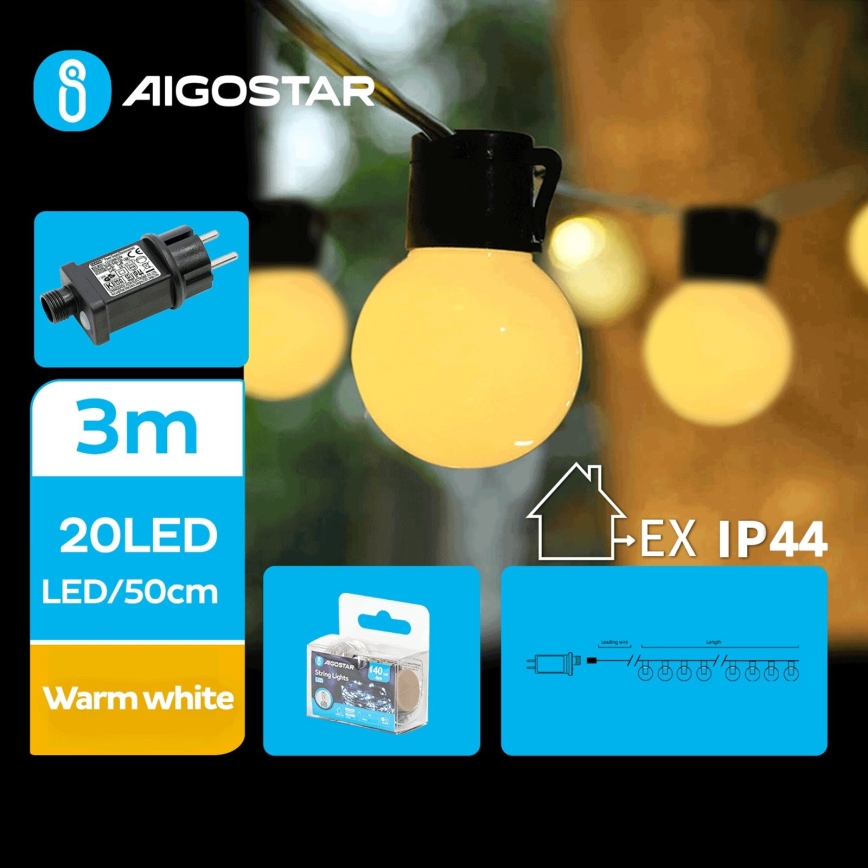Aigostar - Dekorative LED-Outdoor-Lichterkette 20xLED/3m IP44 warmweiβ