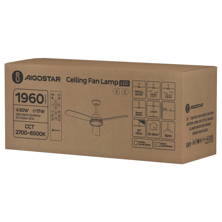 Aigostar - Dimmbarer LED-Deckenventilator LED/20W/230V 2700-6500K 132cm weiß/beige + Fernbedienung