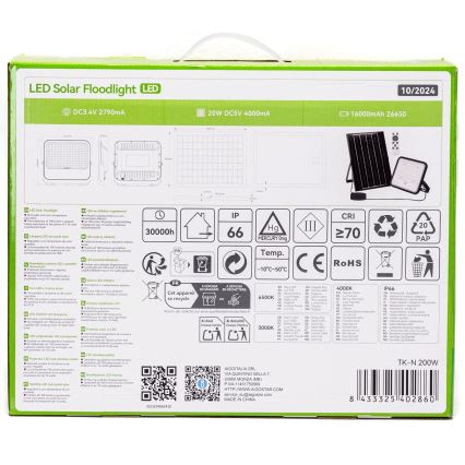 Aigostar - Dimmbarer LED-Solarstrahler LED/200W/3,4V 3000/4000/6500K IP66 16000 mAh + Fernbedienung