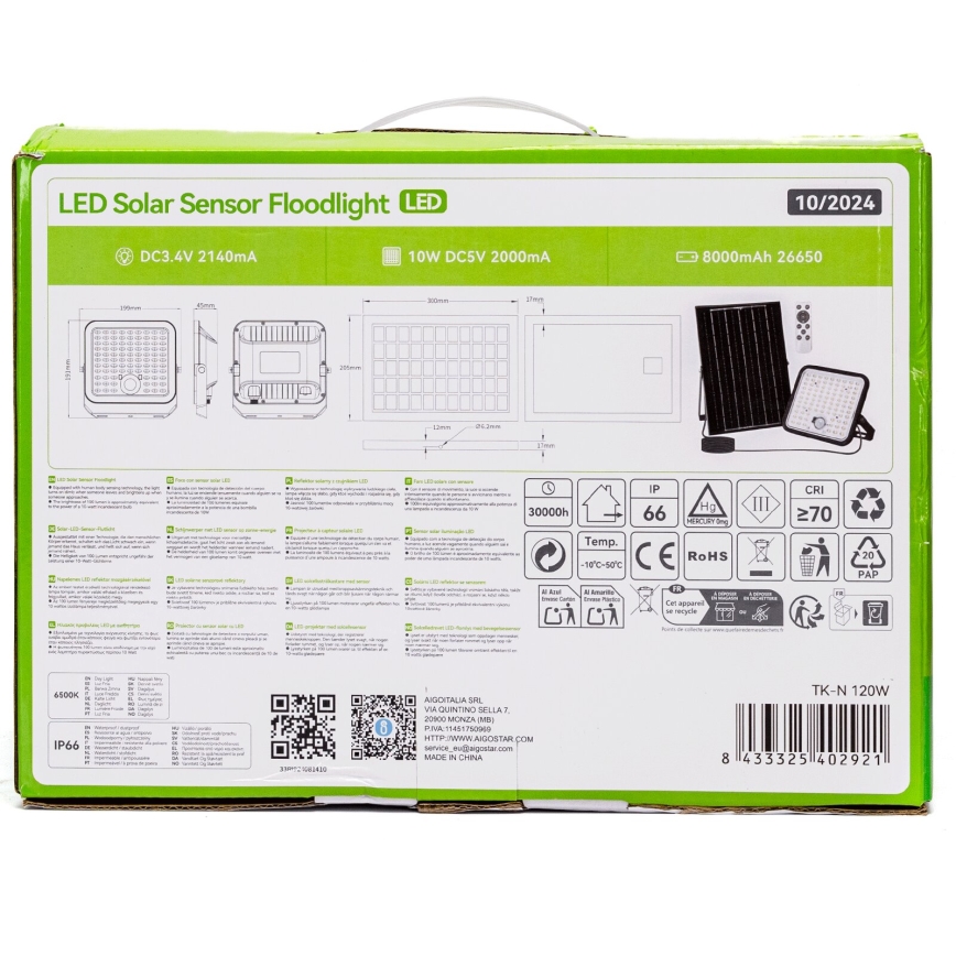 Aigostar - Dimmbarer LED-Solarstrahler mit Sensor LED/120W/3,4V 6500K IP66 + Fernbedienung