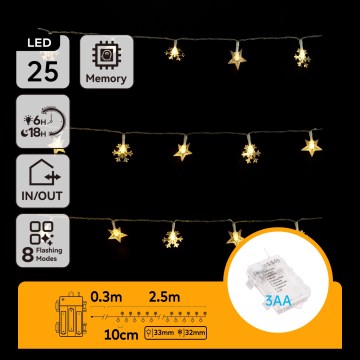 Aigostar - Guirlande de Noël d'extérieur LED, 25 LED, 8 fonctions, alimentation 3x AA, 2,5 m, IP44, blanc chaud, étoiles