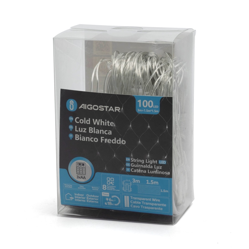 Aigostar -Guirlande de Noël extérieure 100xLED/8 fonctions/3xAA 4,5x1,5m IP44 blanc froid