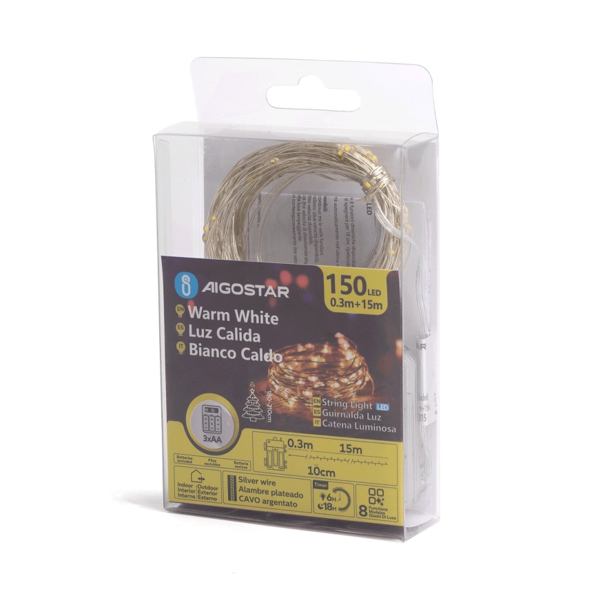 Aigostar -Guirlande de Noël extérieure 150xLED/8 fonctions 3xAA 15,3m IP44 blanc chaud