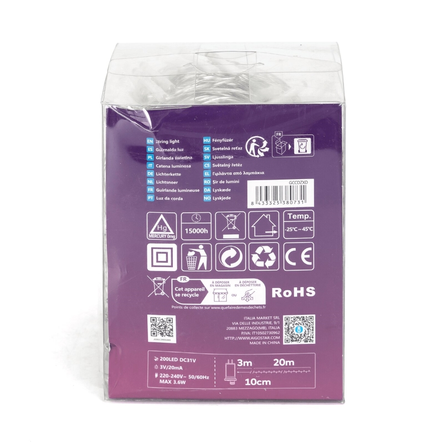 Aigostar - Guirlande de Noël extérieure 200xLED/8 fonctions 23m IP44 blanc chaud