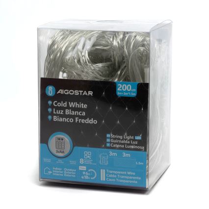 Aigostar - Guirlande de Noël extérieure 200xLED/8 fonctions/3xAA 6x1,5m IP44 blanc froid