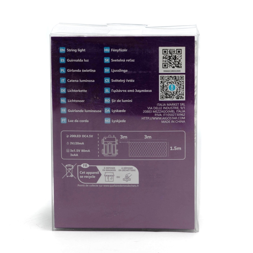 Aigostar - Guirlande de Noël extérieure 200xLED/8 fonctions/3xAA 6x1,5m IP44 blanc froid