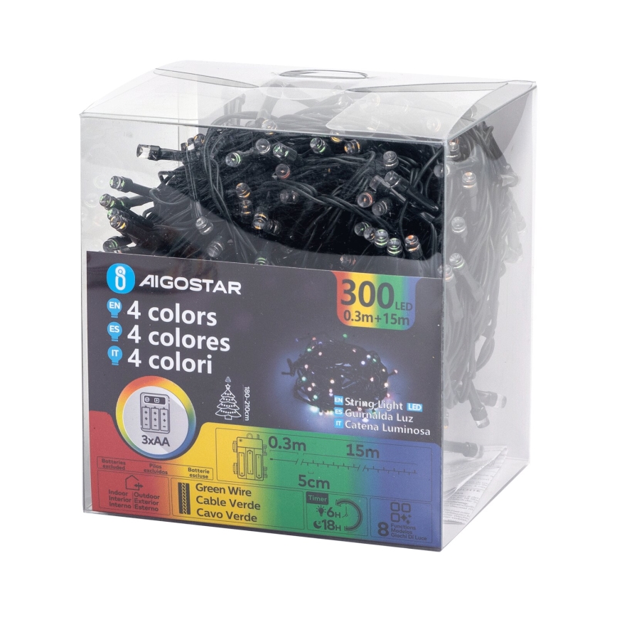 Aigostar -Guirlande de Noël extérieure 300xLED/8 fonctions 3xAA 15,3m IP44 multicolore