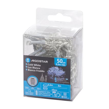 Aigostar -Guirlande de Noël extérieure 50xLED/8 fonctions 3xAA 5,3m IP44 blanc froid