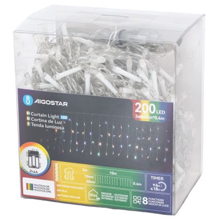 Aigostar - Guirlande de Noël LED d'extérieur 200xLED/8 fonctions 3xAA 13x0,4m IP44 multicolore