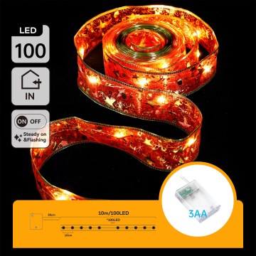 Aigostar - Guirlande de Noël LED 100 LED, 10 m, alimentée par 3×AA, blanc chaud et rouge