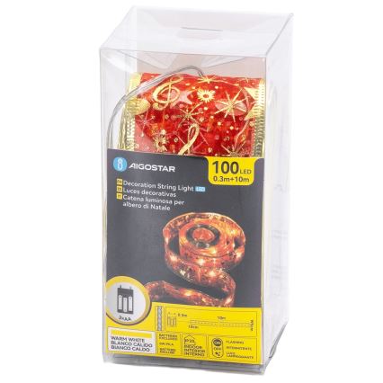 Aigostar - Guirlande de Noël LED 100 LED, 10 m, alimentée par 3×AA, blanc chaud et rouge