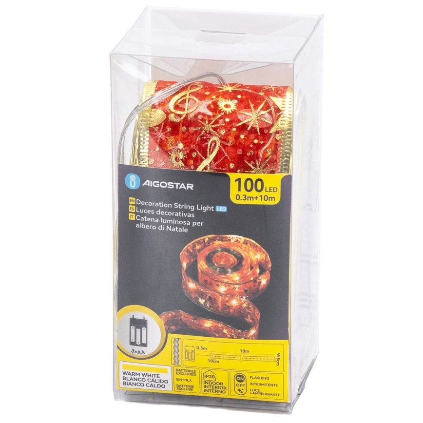 Aigostar - Guirlande de Noël LED 100 LED, 10 m, alimentée par 3×AA, blanc chaud et rouge