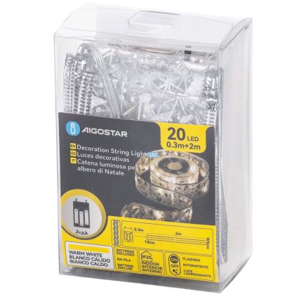 Aigostar - Guirlande de Noël LED 20xLED/3xAA 2 m, blanc chaud, argentée