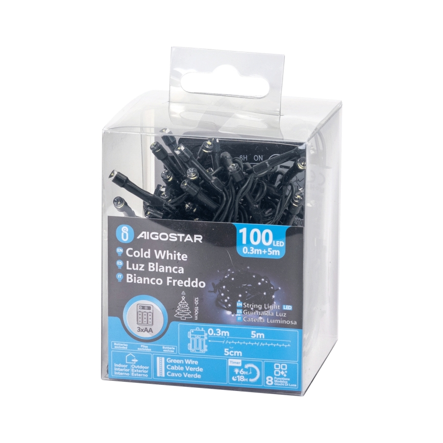 Aigostar - Guirlande lumineuse LED extérieure de Noël 100xLED/8 fonctions 3xAA 5,3 m IP44 blanc froid