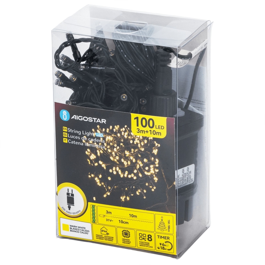 Aigostar - Guirlande de Noël LED d'extérieur 100xLED/8 fonctions 13m IP44 blanc chaud
