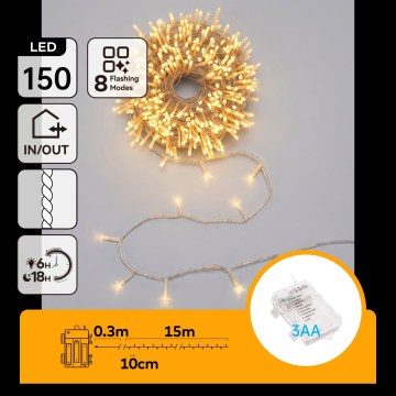 Aigostar - Guirlande de Noël LED d'extérieur 150xLED/8 fonctions 3xAA 15,3m IP44 blanc chaud