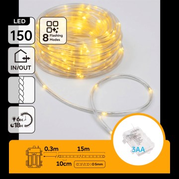 Aigostar - Guirlande de Noël LED d'extérieur 150xLED/8 fonctions 3xAA 15,3m IP44 blanc chaud