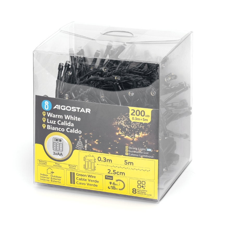 Aigostar - Guirlande de Noël LED d'extérieur 200 LED/8 fonctions 3xAA 5,3 m IP44 blanc chaud
