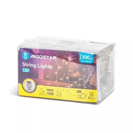 Aigostar - Guirlande de Noël LED d'extérieur 300 LED, 8 fonctions, 3xAA, 6x3m, IP44, blanc chaud