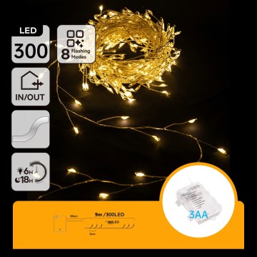 Aigostar - Guirlande de Noël LED d'extérieur 300 LED/8 fonctions 3xAA 9,3 m IP44 blanc chaud
