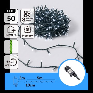 Aigostar - Guirlande de Noël LED d'extérieur 50 LED, 8 fonctions, 8 m, IP44, blanc froid