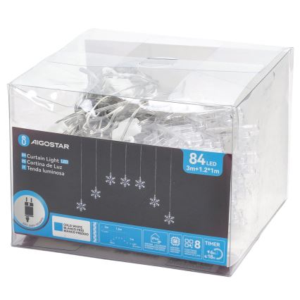 Aigostar - Guirlande de Noël LED d'extérieur 84 LED / 8 fonctions, 1,2 x 1 m, IP44, blanc froid, motifs flocons