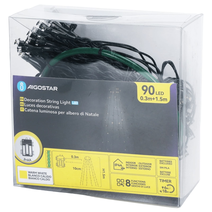 Aigostar - Guirlande de Noël LED d'extérieur 90 LED/8 fonctions 3 piles AA 1,5 m IP44 blanc chaud