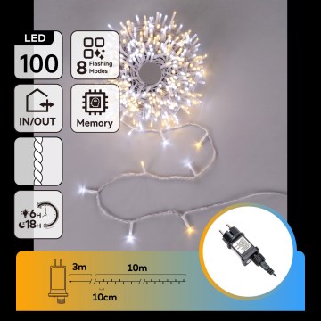 Aigostar - Guirlande de Noël LED extérieure 100 LED / 8 fonctions, 13 m, IP44, blanc chaud/blanc froid