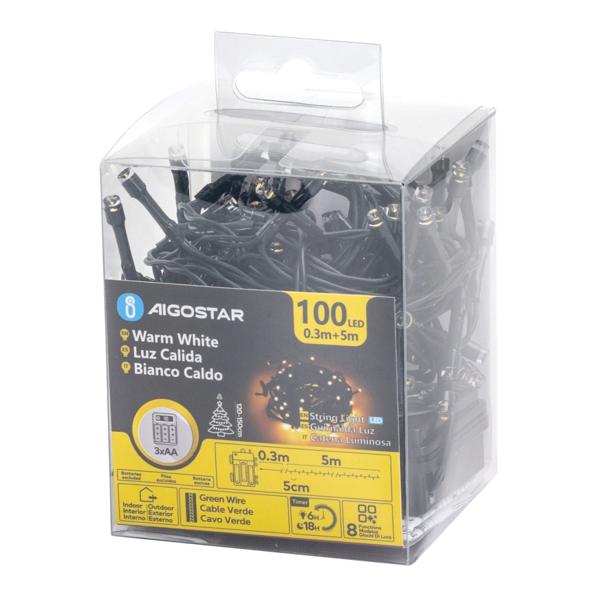 Aigostar - Guirlande de Noël LED extérieure 100xLED/8 fonctions 3xAA 5,3 m IP44 blanc chaud