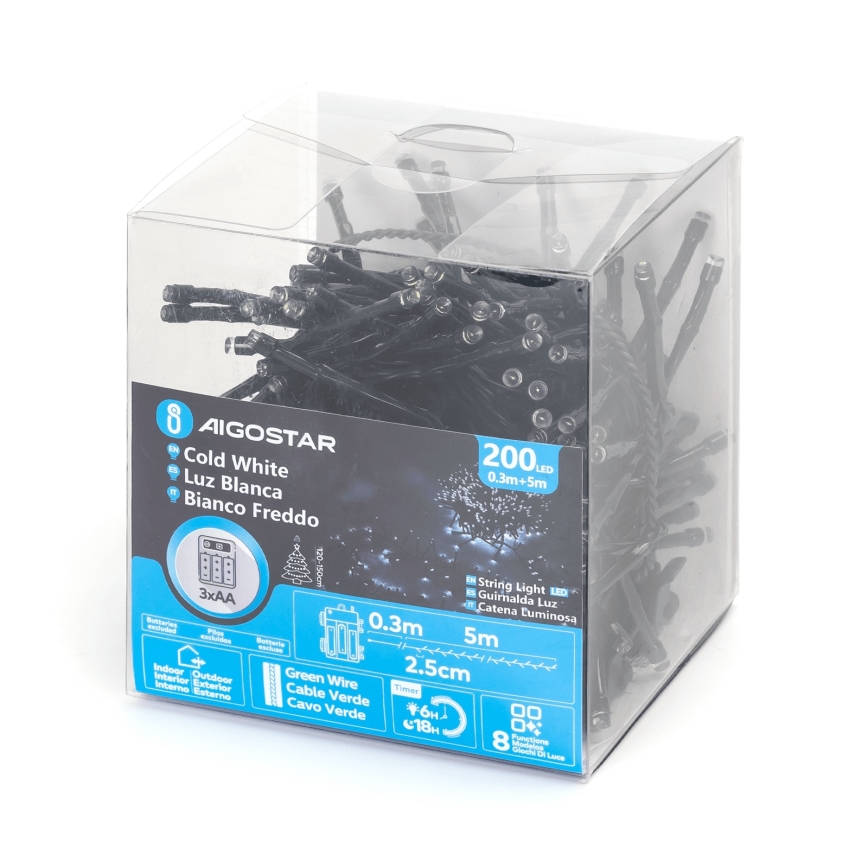Aigostar - Guirlande LED de Noël extérieure 200xLED/8 fonctions 3xAA 5,3 m IP44 blanc froid