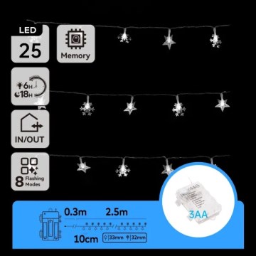 Aigostar - Guirlande de Noël LED extérieure 25 LED/8 fonctions 3xAA 2,5 m IP44 blanc froid