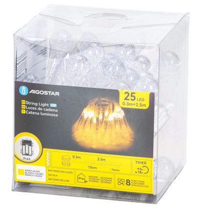 Aigostar - Guirlande LED extérieure 25 LED, 8 fonctions, 3xAA, 2,5 m, IP44, blanc chaud, gouttes