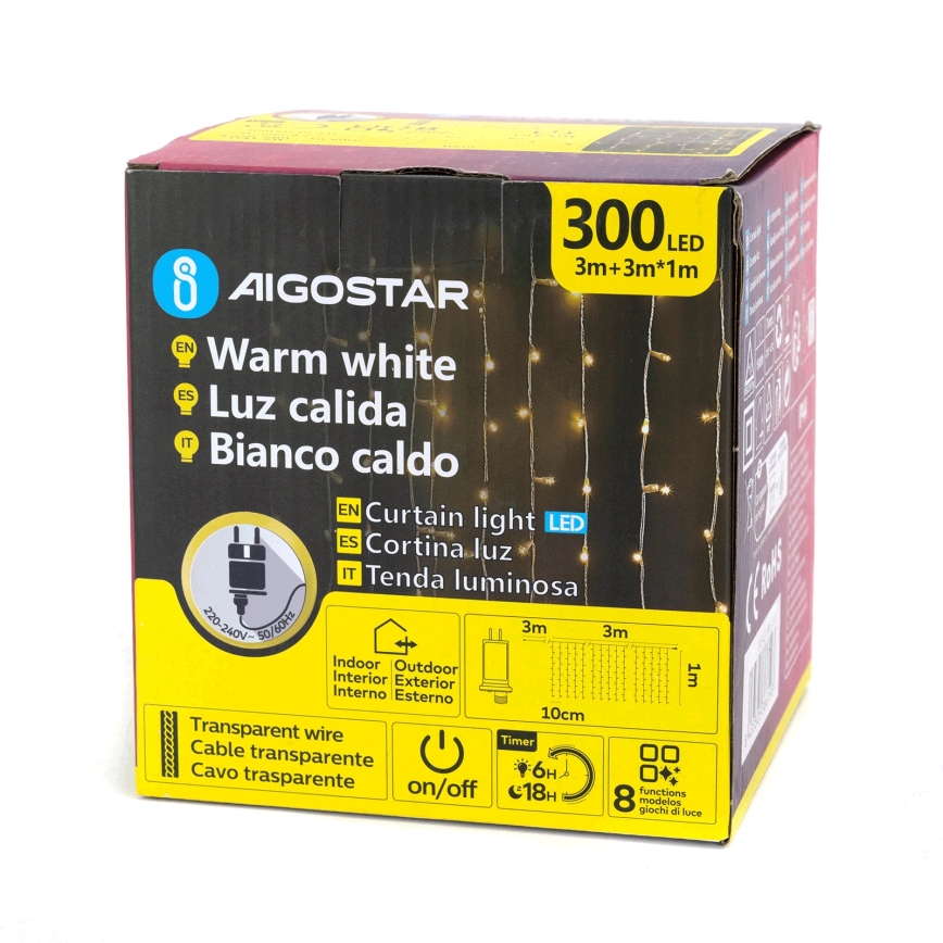 Aigostar - Guirlande lumineuse de Noël LED extérieure 300 LED, 8 modes, 3 x 1 m, IP44, blanc chaud, avec télécommande