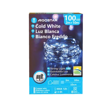 Aigostar - Guirlande solaire de Noël 100 LED / 8 fonctions, 12 m, IP65, 800 mAh, blanc froid