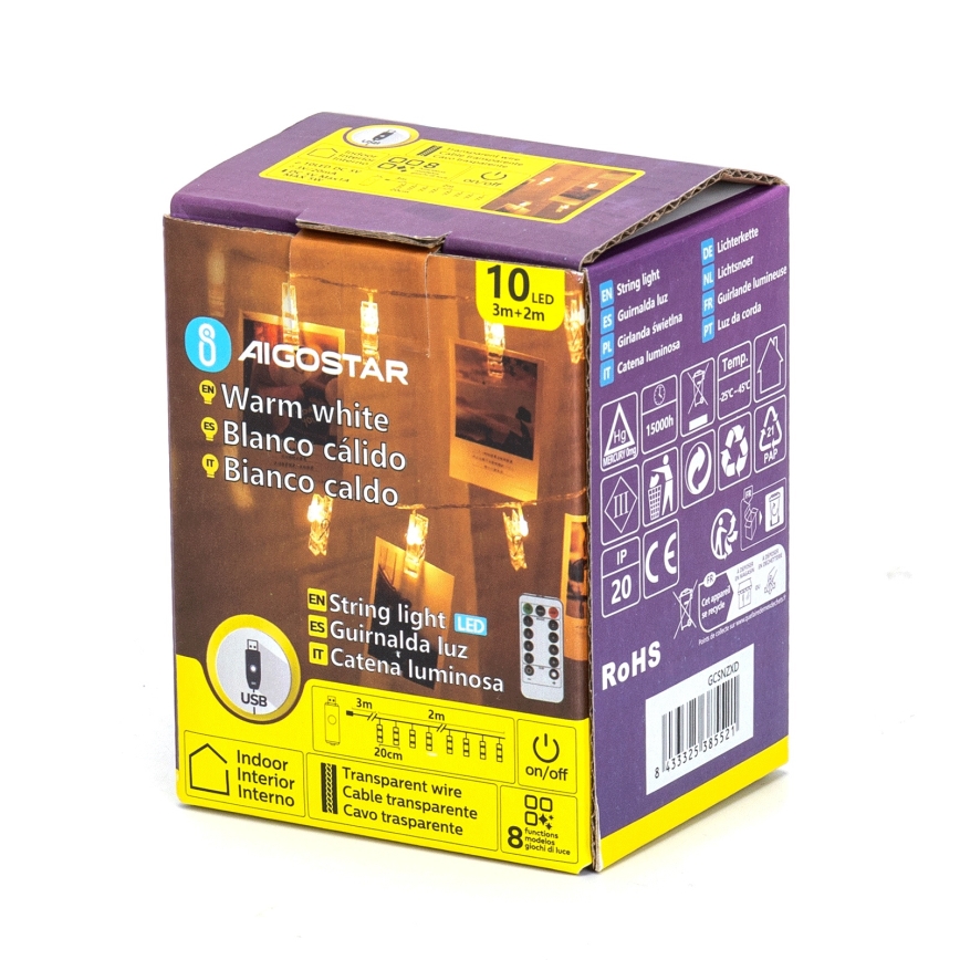 Aigostar - Guirlande décorative à LED 10xLED/5W/USB 5 m blanc chaud