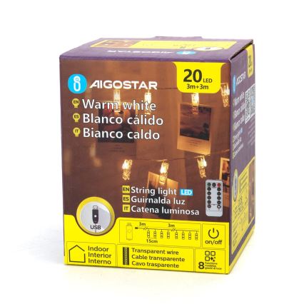 Aigostar - Guirlande décorative LED 20 LEDs / 5 W / USB / 6 m / blanc chaud