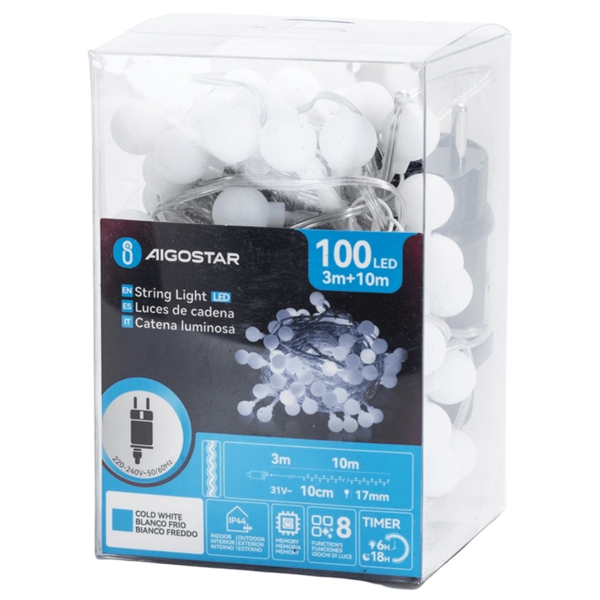 Aigostar - Guirlande lumineuse LED d'extérieur, 100 LED, 8 modes, 10 m, IP44, blanc froid