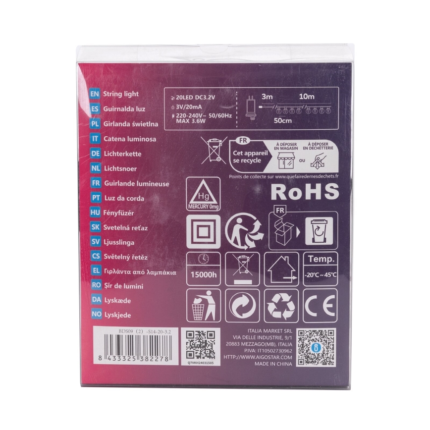 Aigostar - Guirlande décorative LED d'extérieur 20 LED/13 m IP44 blanc froid