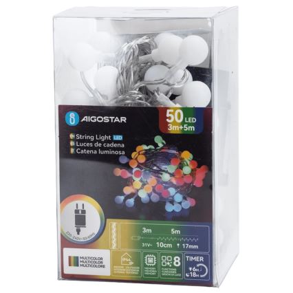 Aigostar - Guirlande LED d'extérieur décorative 50 LED, 8 fonctions, 5 m, IP44, multicolore