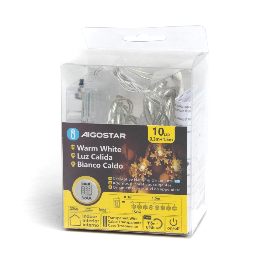 Aigostar - Guirlande LED 10xLED/3xAA, 1,5 m, blanc chaud, à motifs flocons