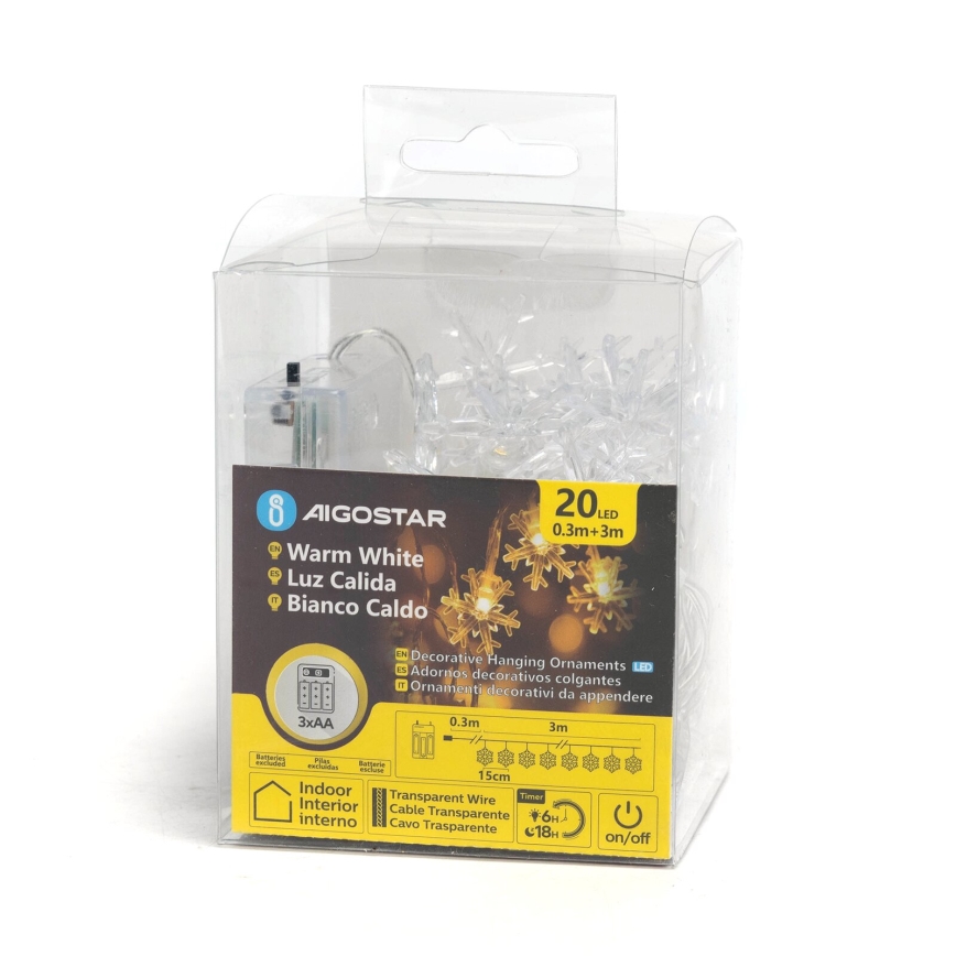 Aigostar - Guirlande LED 20 LED / 3x AA, 3,3 m, motif flocons
