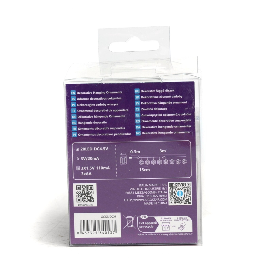 Aigostar - Guirlande LED 20 LED / 3x AA, 3,3 m, motif flocons