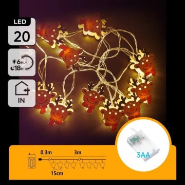 Aigostar - Guirlande LED 20 LED, 3xAA, 3 m, blanc chaud, motif renne