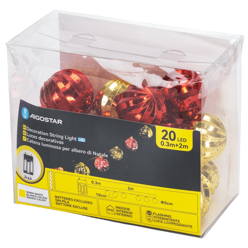 Aigostar - Guirlande LED 20 LED / 3 piles AA, 2 m, blanc chaud