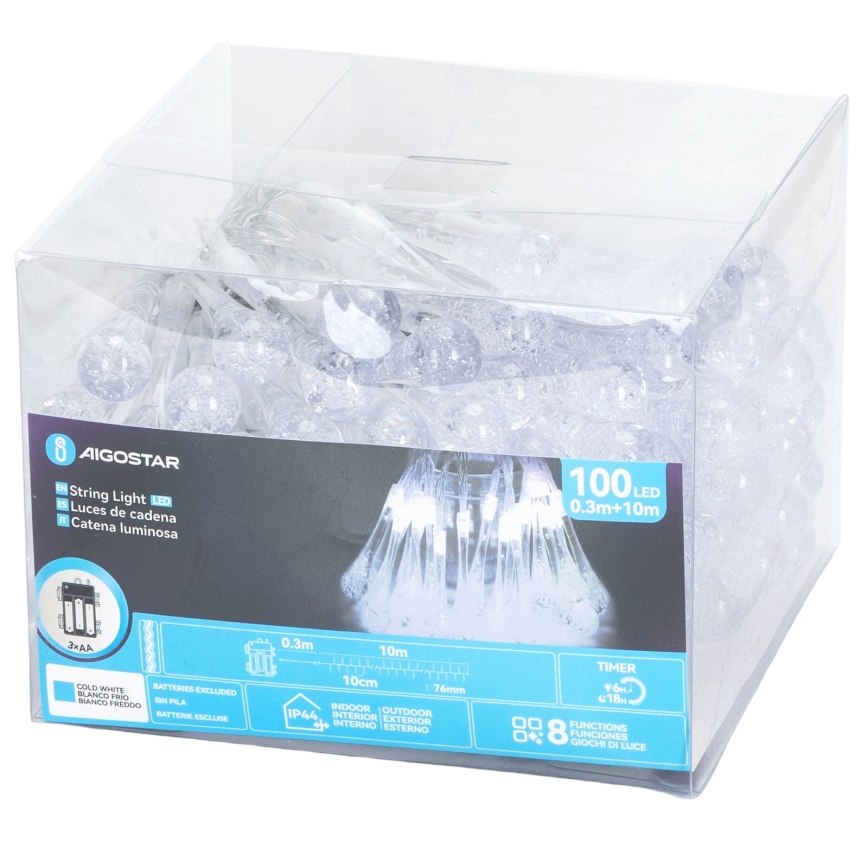Aigostar - Guirlande lumineuse de Noël extérieure LED 100xLED/8 fonctions 3xAA 10m IP44 blanc froid en forme de goutte